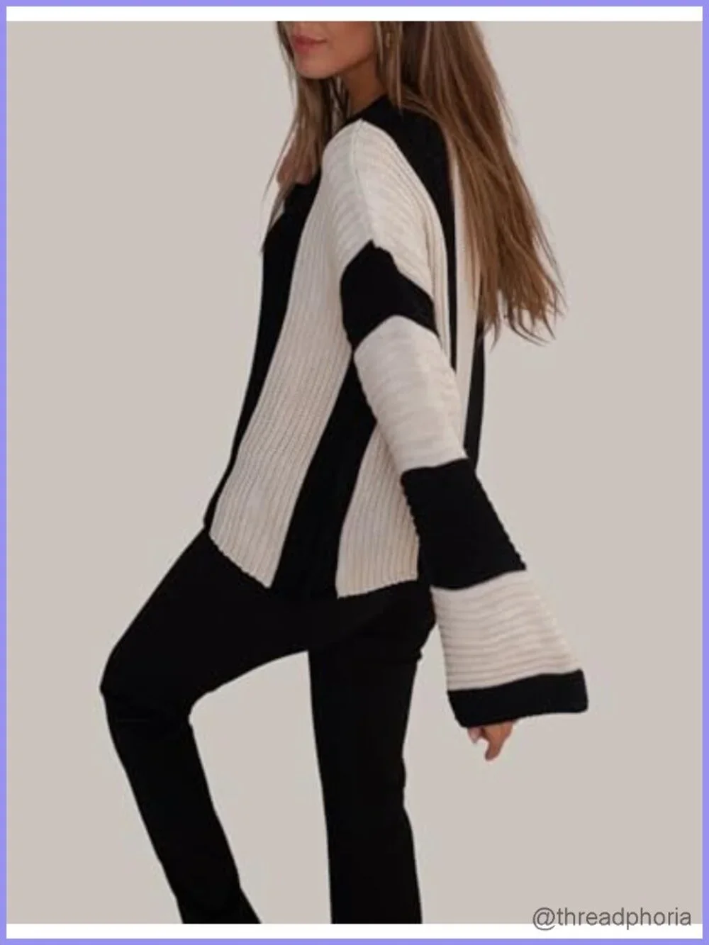 Womens Striped Bell Sleeve Pullover Sweater Loose Color Block Crew Neck Knit